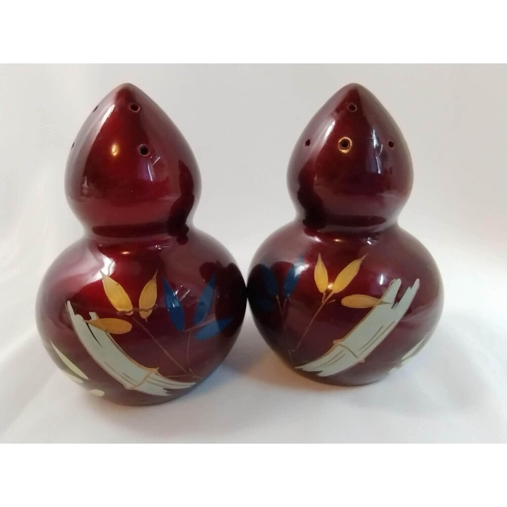 Vtg Redwood Japanese Nandjarch Gourd Shaped Salt Pepper & Shakers Hand Painted